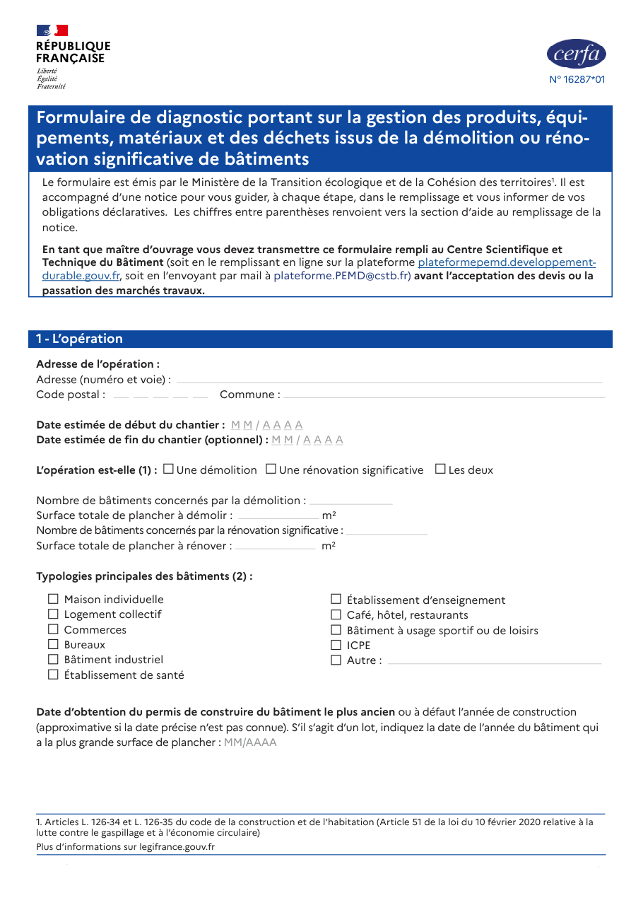 Page 1 du formulaire cerfa 16287 — Diagnostic des produits, matériaux et déchets avant démolition ou rénovation