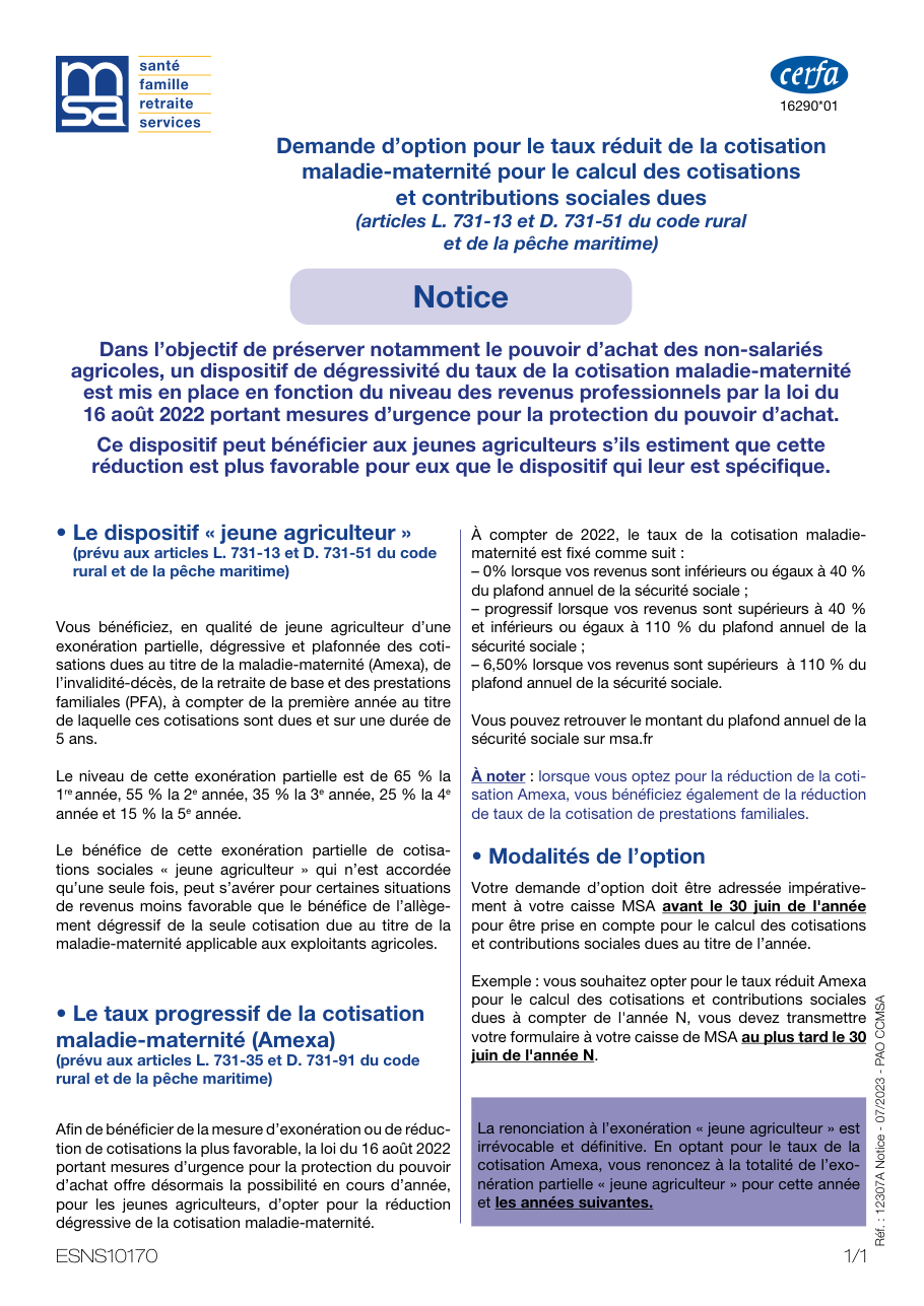 Page 1 du formulaire cerfa 16290 — Notice – Exonération « jeune agriculteur » et option pour le taux progressif