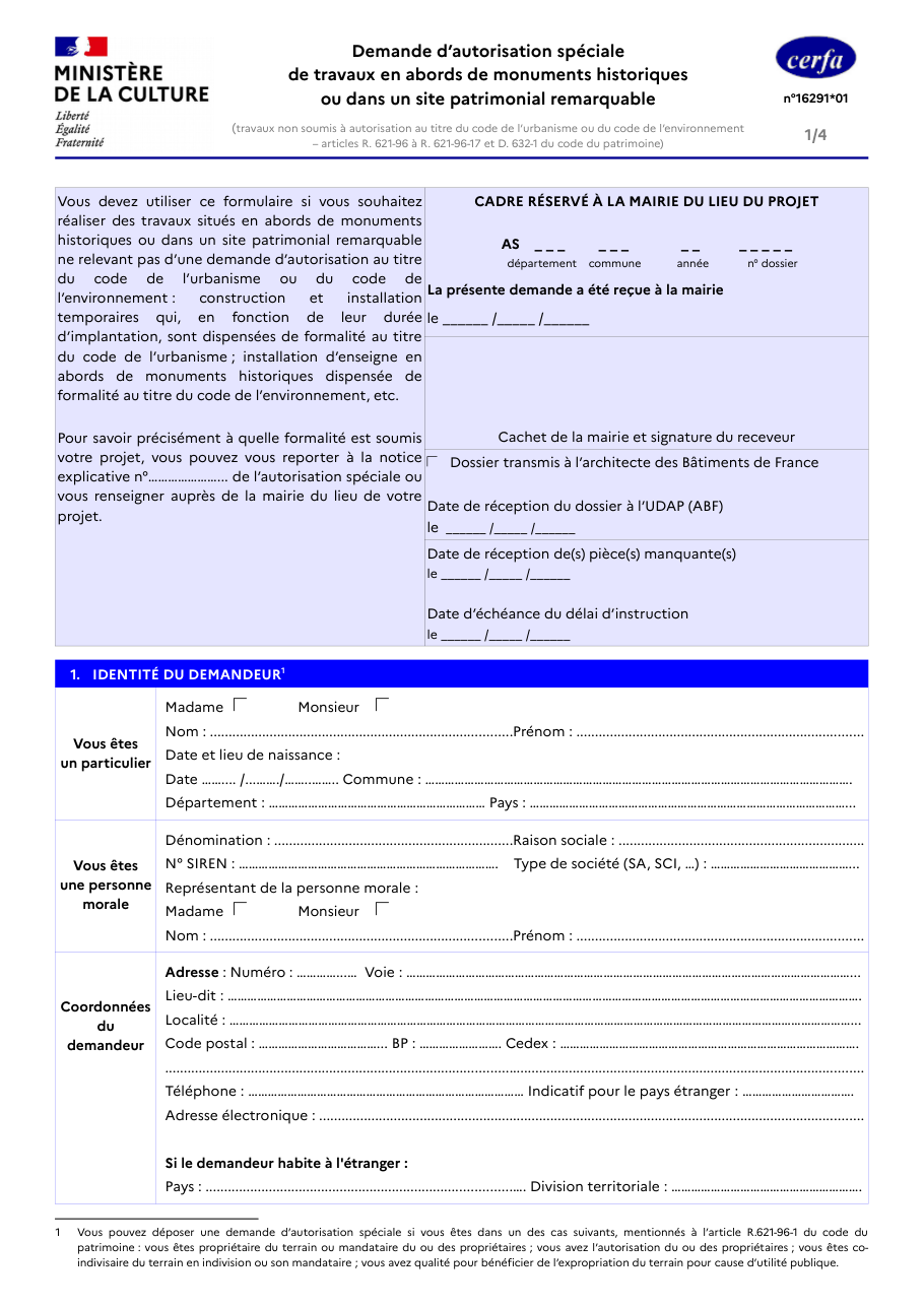 Page 1 du formulaire cerfa 16291 — Demande d'autorisation spéciale de travaux en abords de monuments historiques ou dans un site patrimonial remarquable