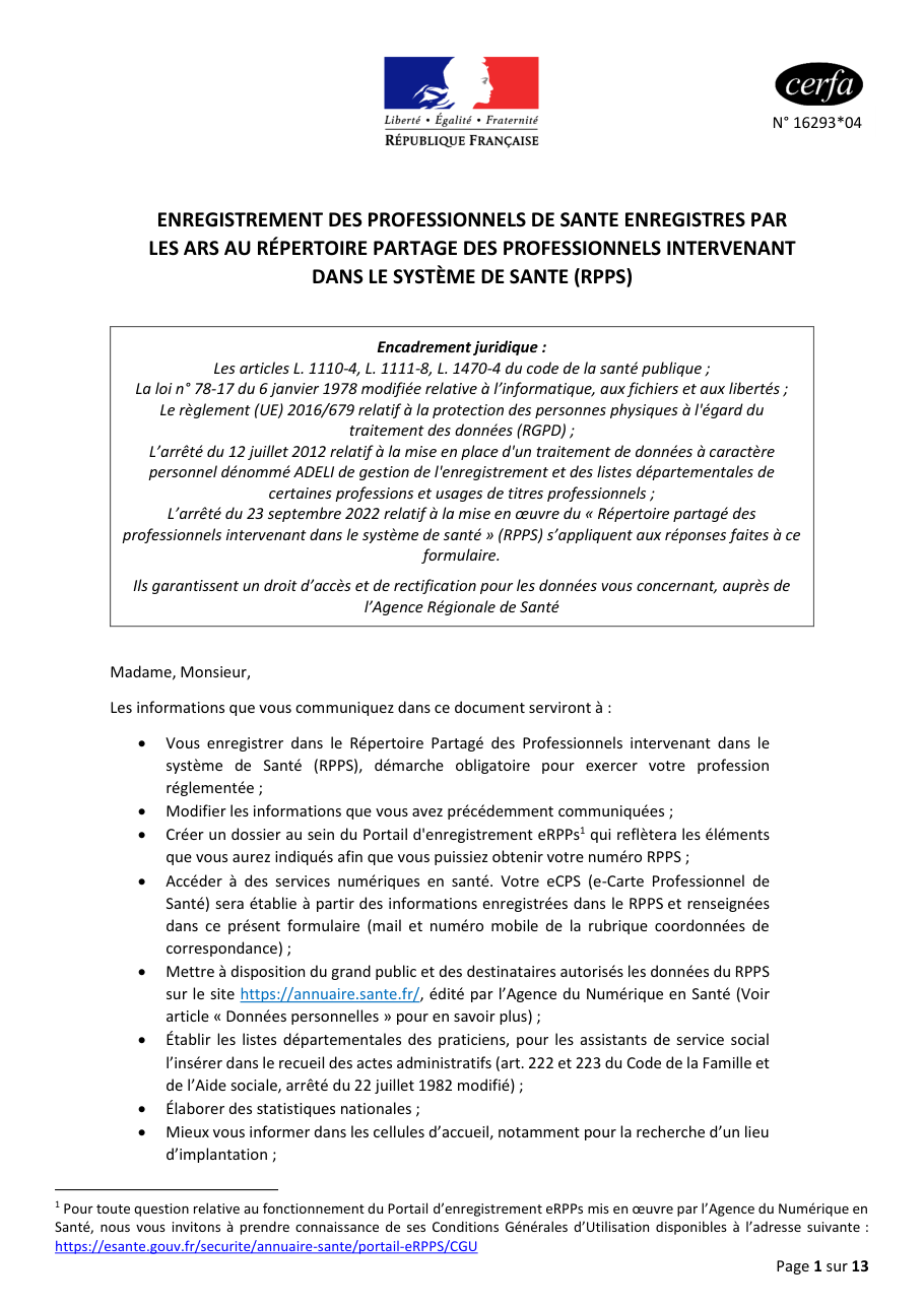 Page 1 du formulaire cerfa 16293 — Enregistrement des professionnels de santé enregistrés par les ARS au répertoire partagé des professionnels