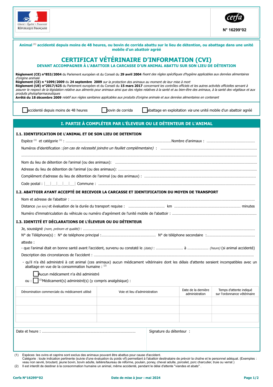 Page 1 du formulaire cerfa 16299 — Certificat vétérinaire d'information (CVI)