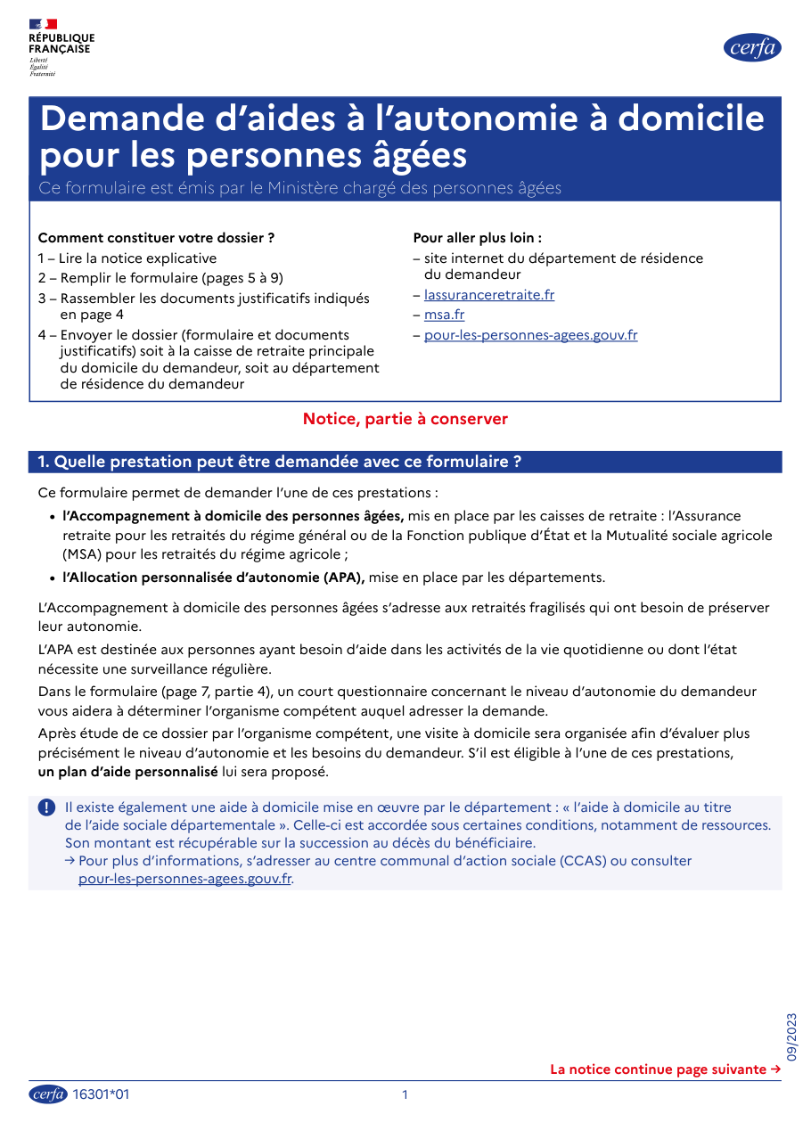 Page 1 du formulaire cerfa 16301 — Demande d’aides à l’autonomie à domicile pour les personnes âgées