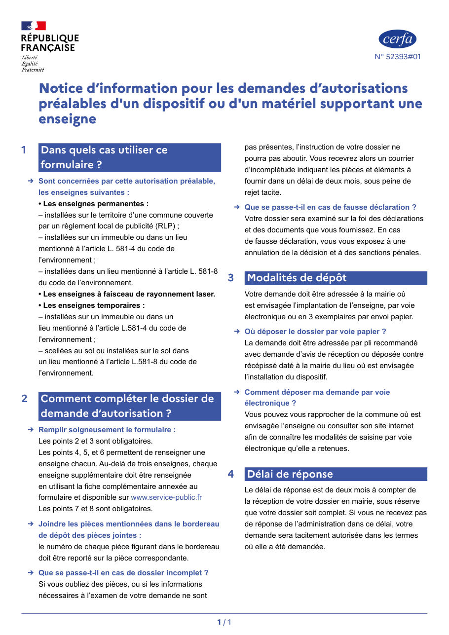 Page 1 du formulaire cerfa 16308 — Demander l'autorisation préalable d'un dispositif supportant une enseigne