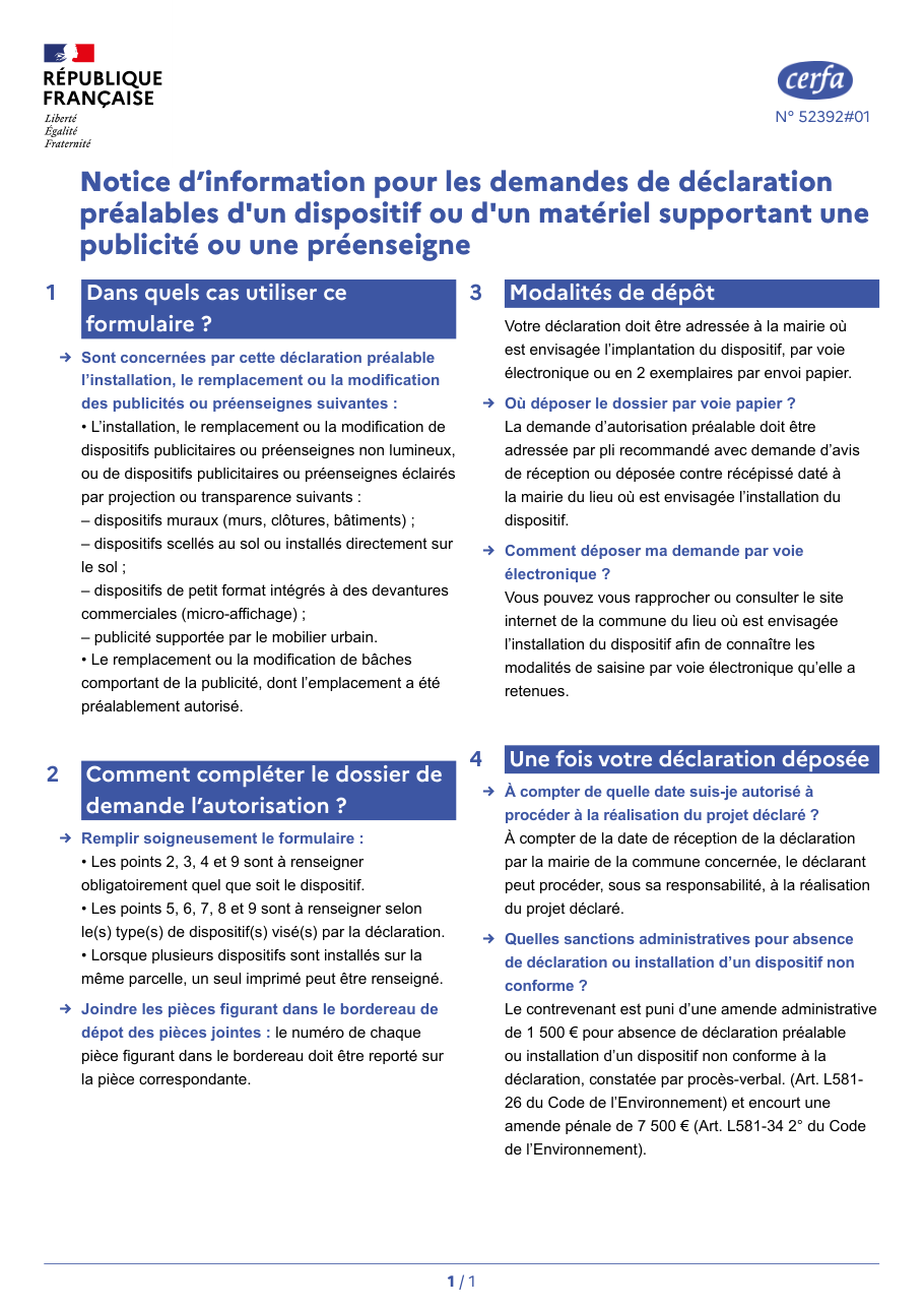 Page 1 du formulaire cerfa 16310 — Notice d'information – Déclaration préalable d'un dispositif ou matériel supportant