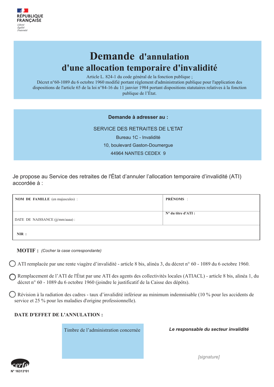 Page 1 du formulaire cerfa 16313 — Demande d'annulation d'une allocation temporaire d'invalidité