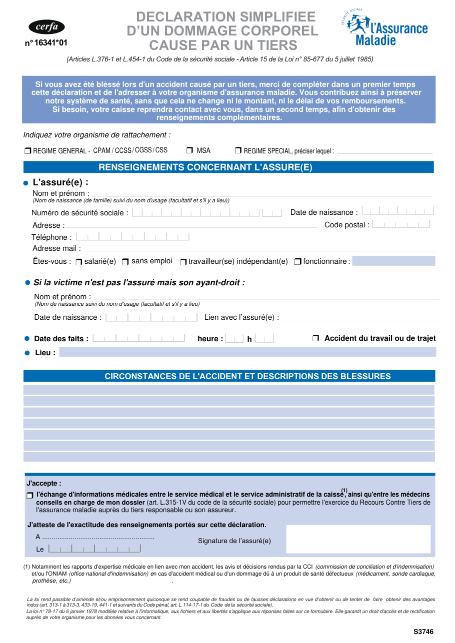 Page 1 du formulaire cerfa 16341 — Déclaration simplifiée d'un dommage corporel causé par un tiers