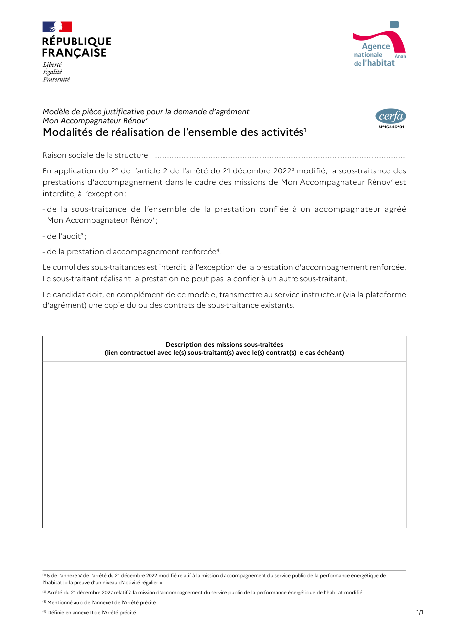 Page 1 du formulaire cerfa 16446 — Modalités de réalisation de l'ensemble des activités (Mon Accompagnateur Rénov')
