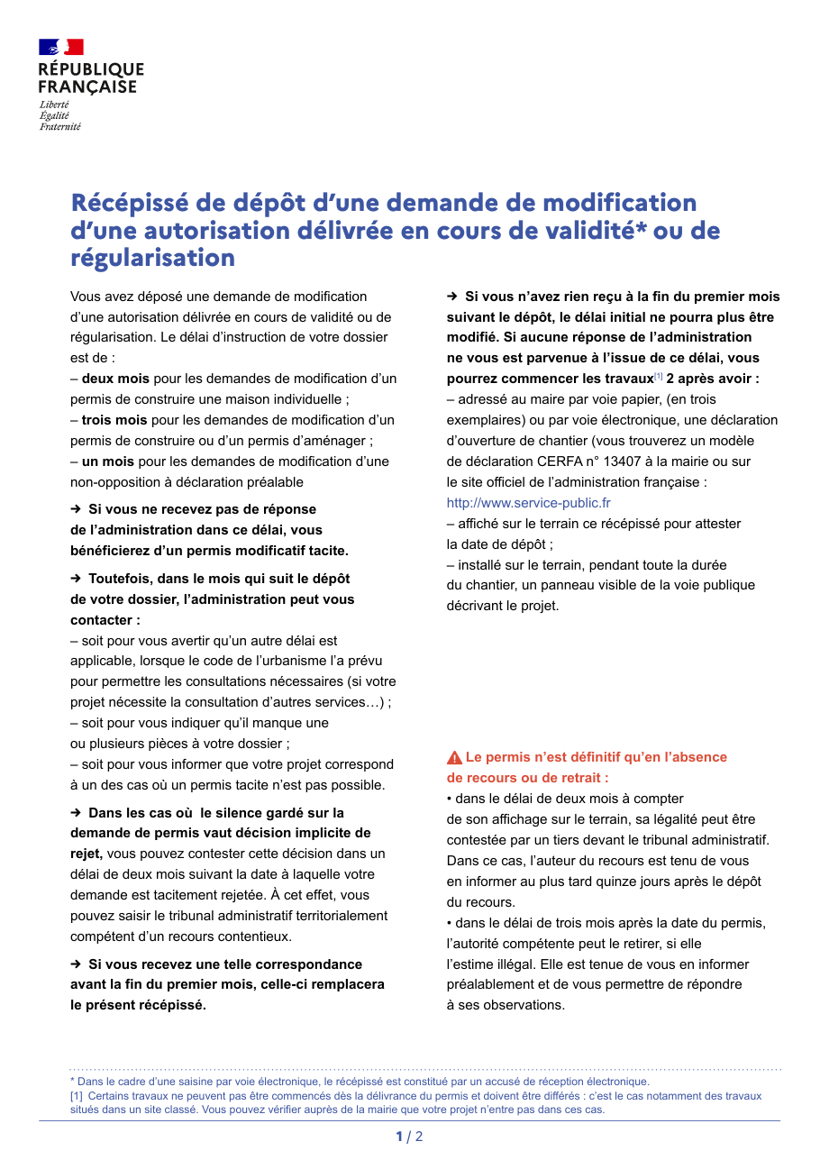 Page 1 du formulaire cerfa 16700 — Récépissé de dépôt d'une demande de modification d'une autorisation délivrée en cours