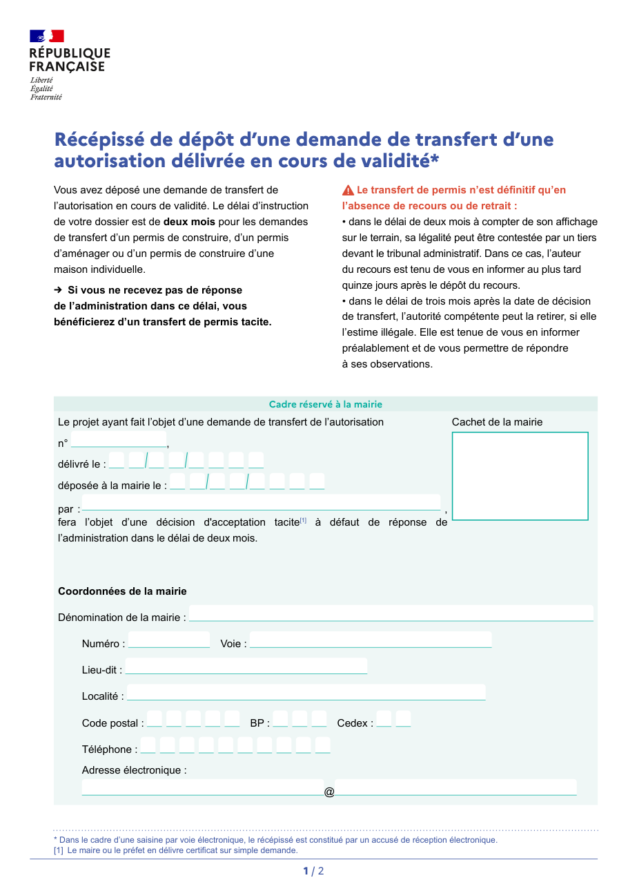 Page 1 du formulaire cerfa 16701 — Demander le transfert d'un permis de construire, d'aménager ou d'une déclaration préalable en cours de validité