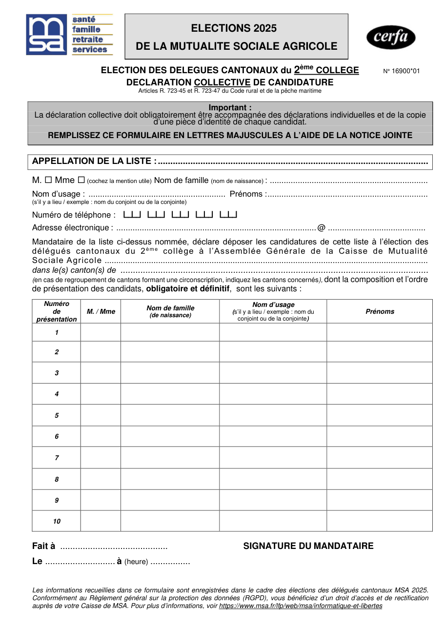Page 1 du formulaire cerfa 16900 — Déclaration collective de candidature – Élection des délégués cantonaux MSA (2e collège)