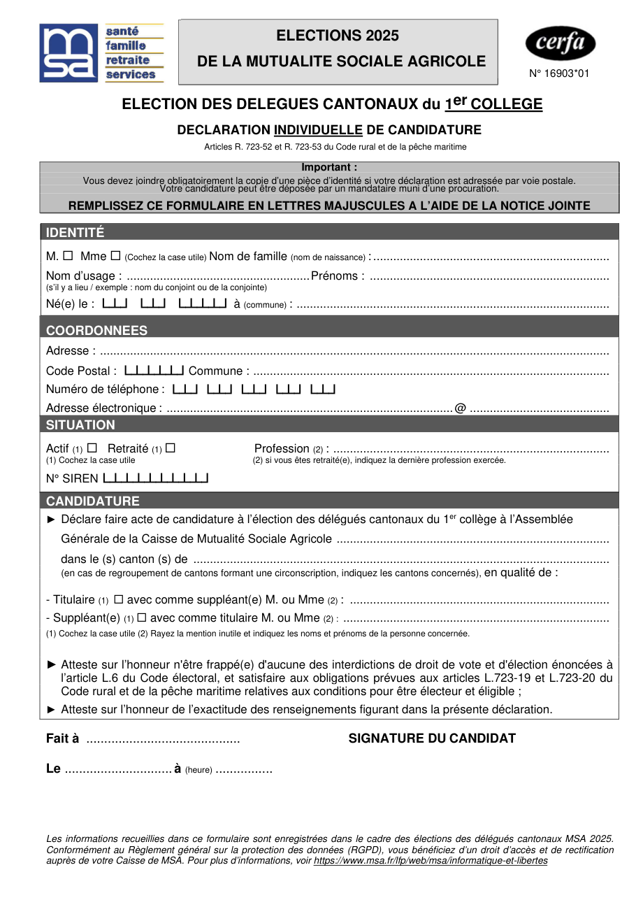 Page 1 du formulaire cerfa 16903 — Déclaration individuelle de candidature — élection des délégués cantonaux du 1er collège