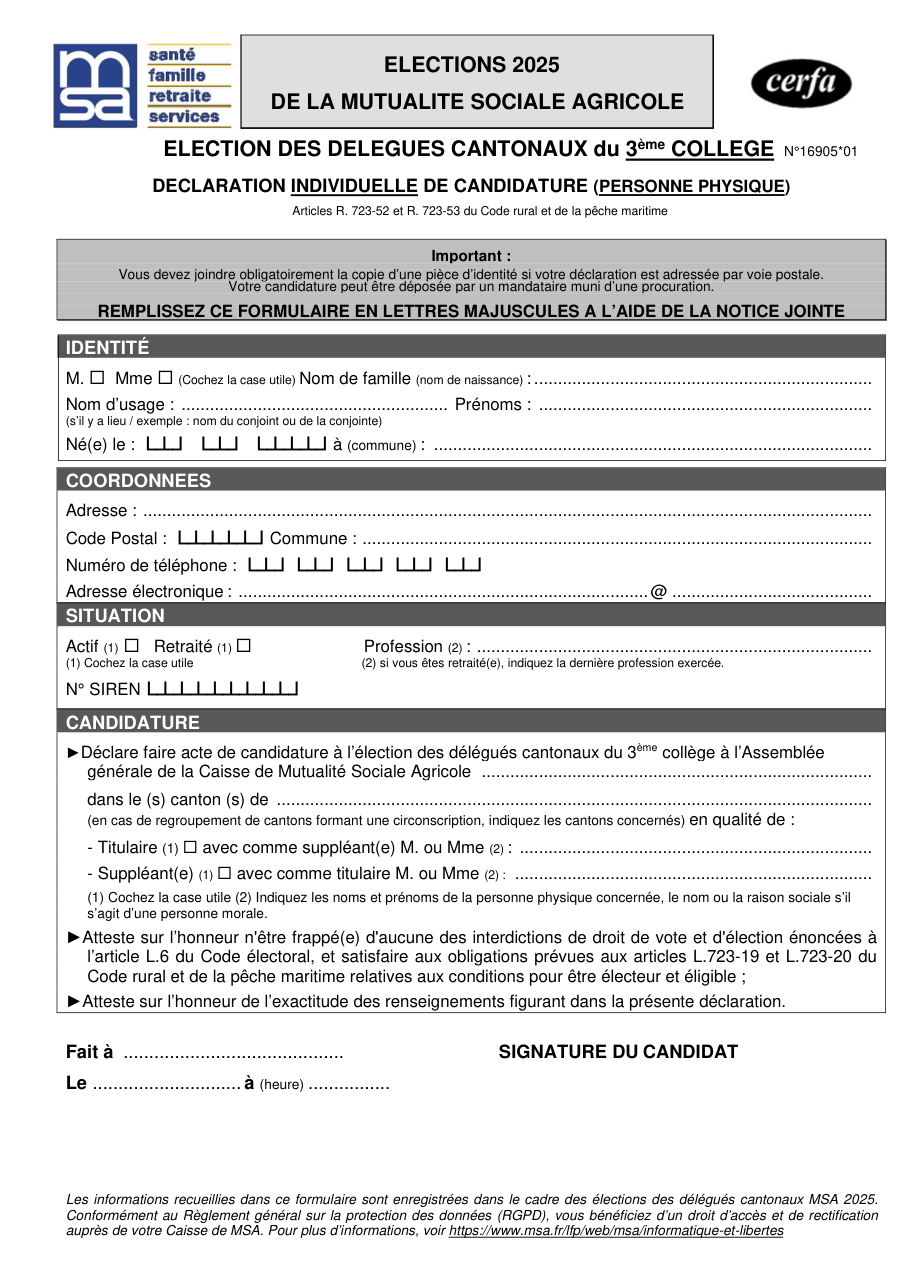 Page 1 du formulaire cerfa 16905 — Déclaration individuelle de candidature à l'élection des délégués cantonaux MSA