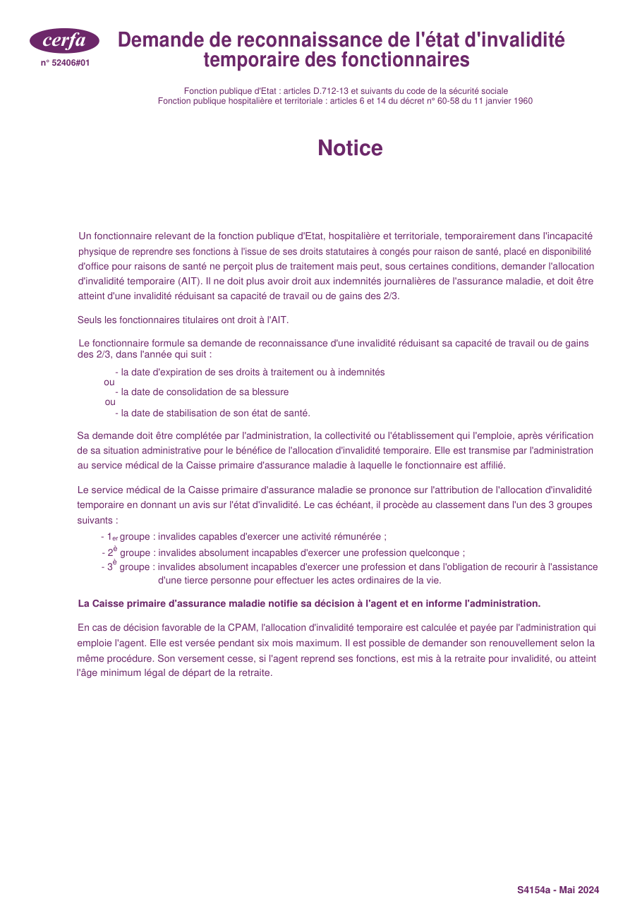 Page 1 du formulaire cerfa 16950 — Demande de reconnaissance de l'état d'invalidité temporaire des fonctionnaires