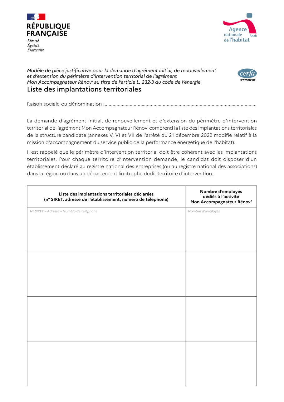 Page 1 du formulaire cerfa 17100 — Liste des implantations territoriales — agrément Mon Accompagnateur Rénov'