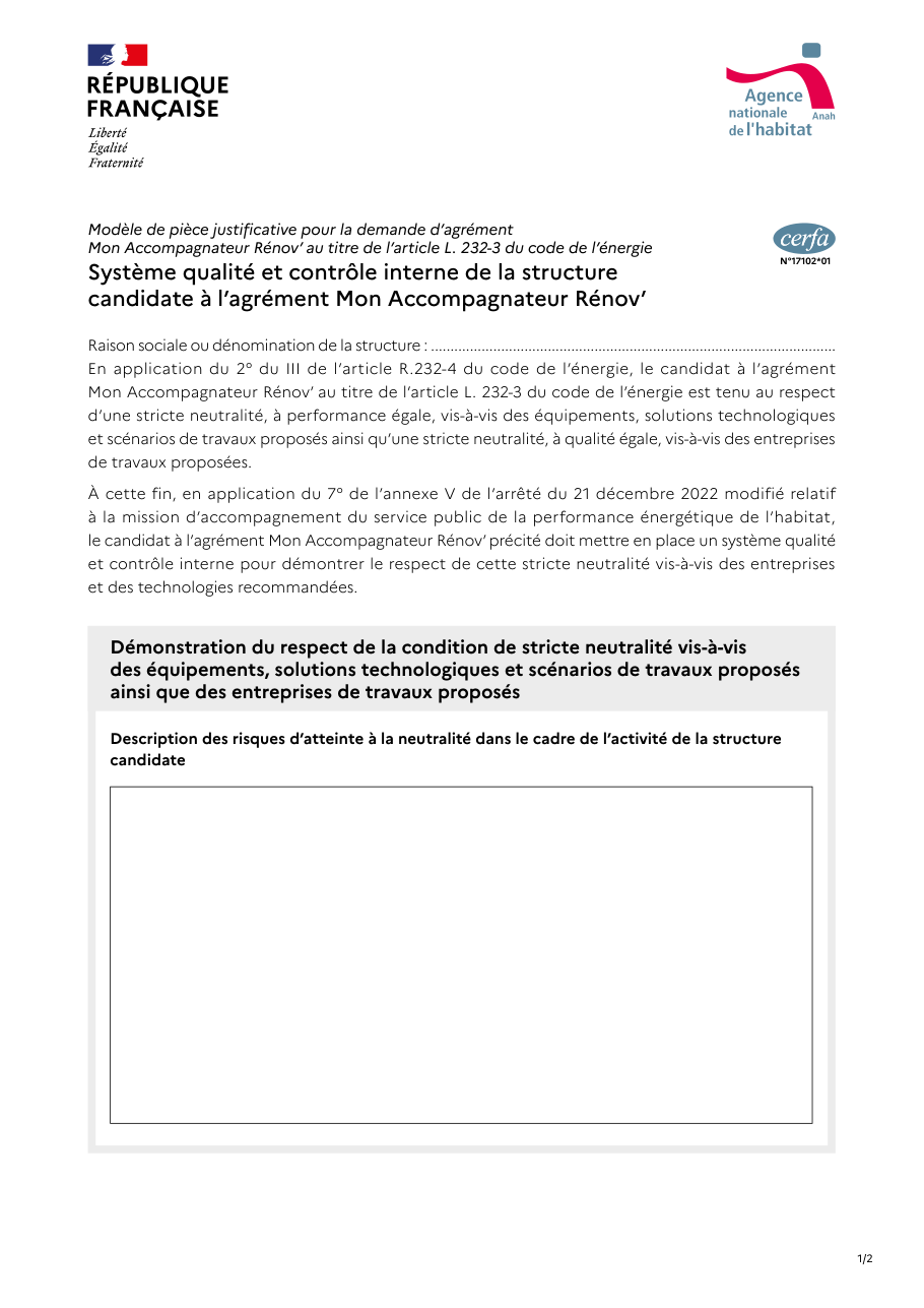 Page 1 du formulaire cerfa 17102 — Démontrer sa neutralité pour l'agrément Mon Accompagnateur Rénov'