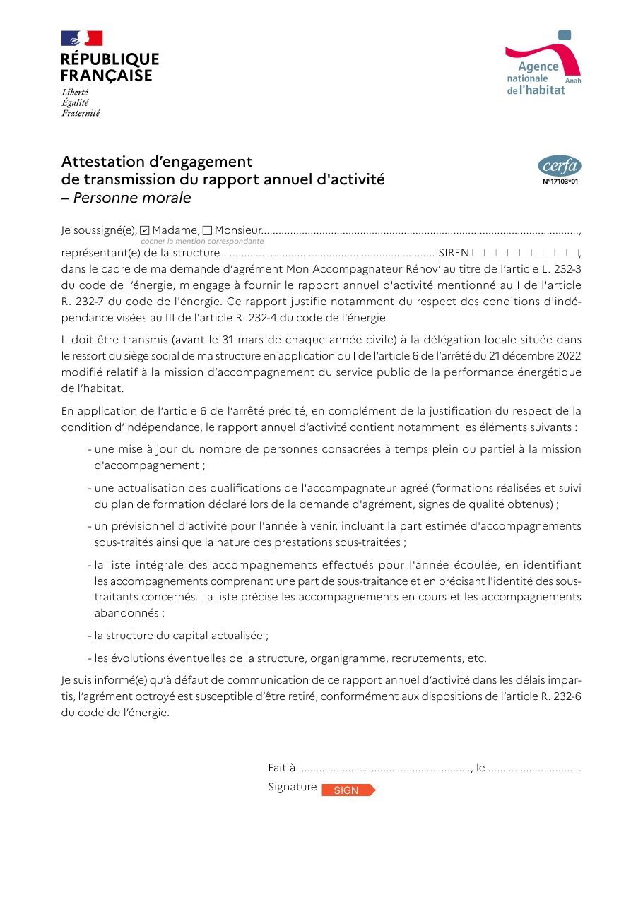 Page 1 du formulaire cerfa 17103 — Attestation d'engagement de transmission du rapport annuel d'activité