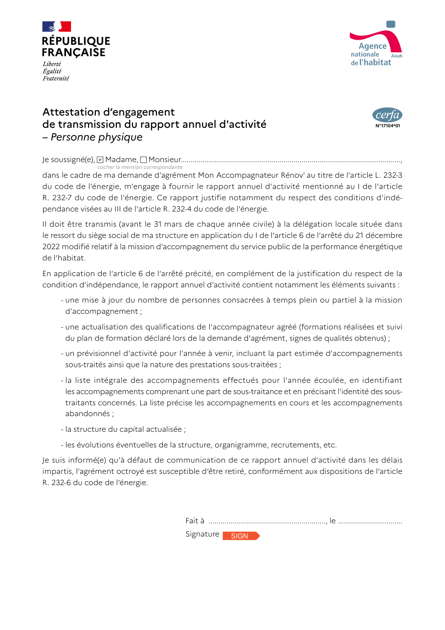Page 1 du formulaire cerfa 17104 — Attestation d'engagement de transmission du rapport annuel d'activité – Mon Accompagnateur