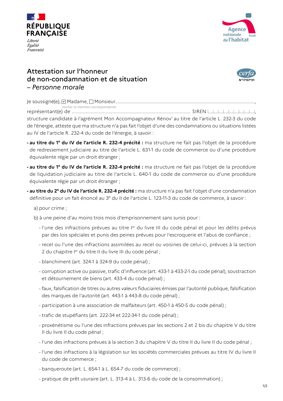 Page 1 du formulaire cerfa 17107 — Attestation sur l’honneur de non-condamnation et de situation – Personne morale
