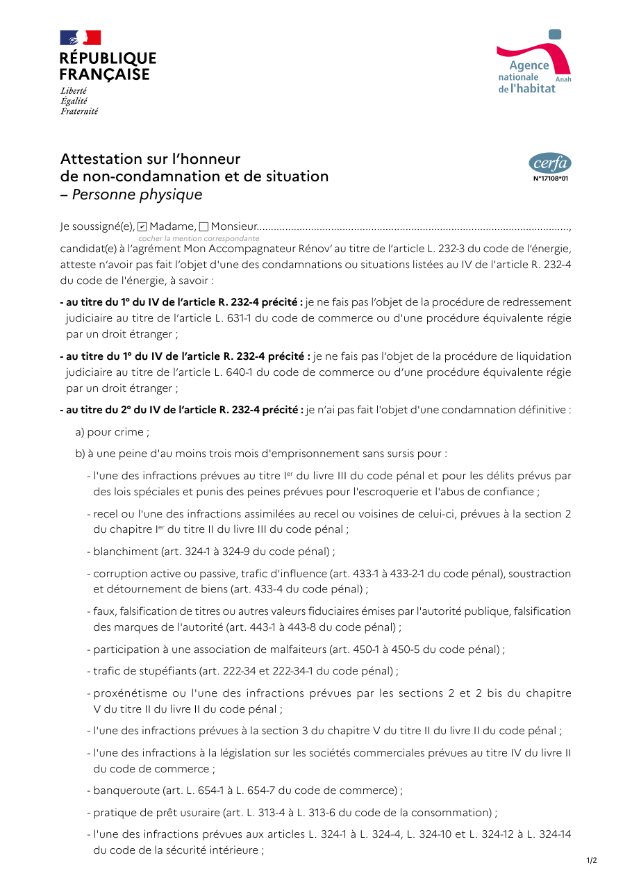 Page 1 du formulaire cerfa 17108 — Attestation sur l'honneur de non-condamnation et de situation — Personne physique