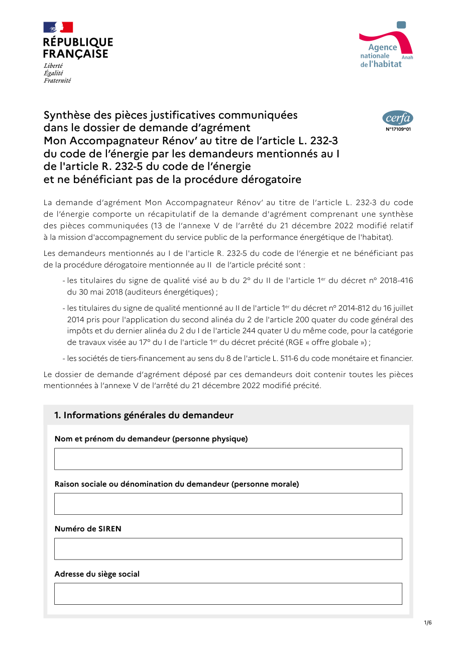 Page 1 du formulaire cerfa 17109 — Synthèse des pièces justificatives communiquées, dossier d'agrément Mon Accompagnateur