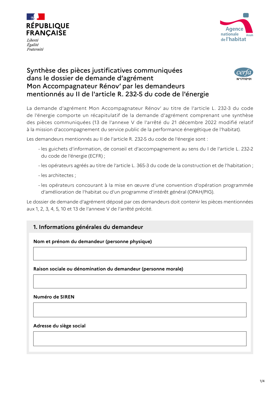Page 1 du formulaire cerfa 17110 — Synthèse des pièces justificatives communiquées — agrément Mon Accompagnateur Rénov'
