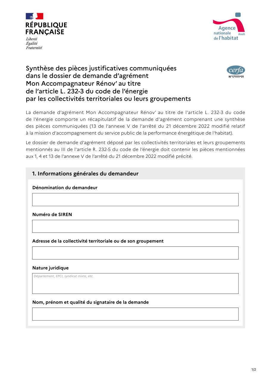 Page 1 du formulaire cerfa 17111 — Synthèse des pièces justificatives communiquées dans le dossier de demande d’agrément Mon