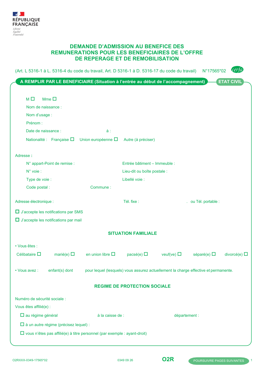 Page 1 du formulaire cerfa 17565 — Demande d'admission au bénéfice des rémunérations pour les bénéficiaires de l'offre de reperage