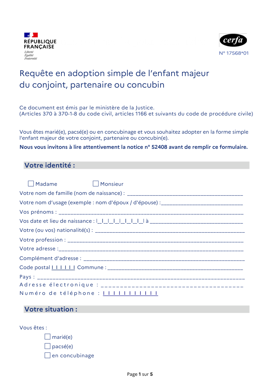 Page 1 du formulaire cerfa 17568 — Requête en adoption simple de l'enfant majeur du conjoint, partenaire ou concubin