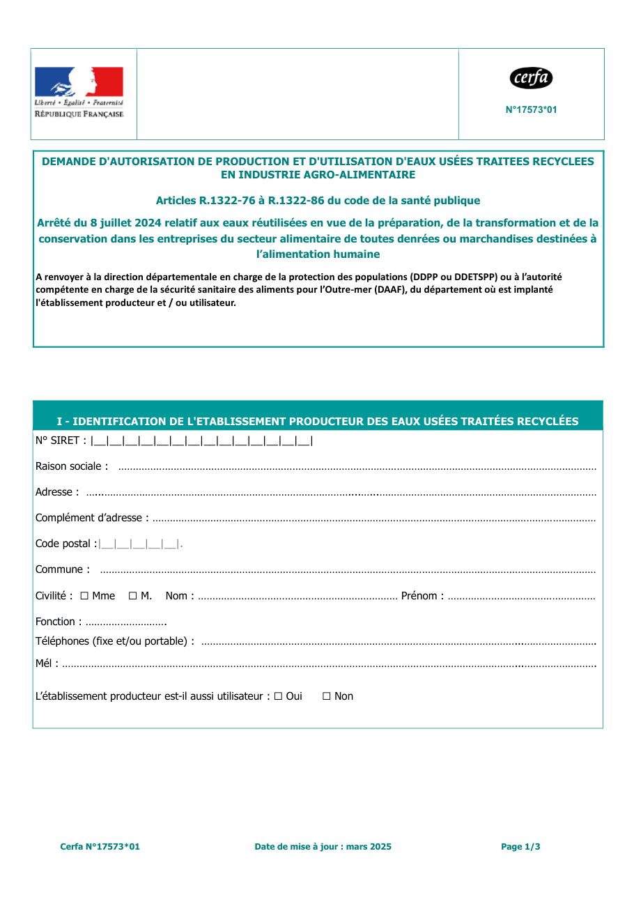 Page 1 du formulaire cerfa 17573 — Demande d'autorisation de production et d'utilisation d'eaux usées traitées recyclées