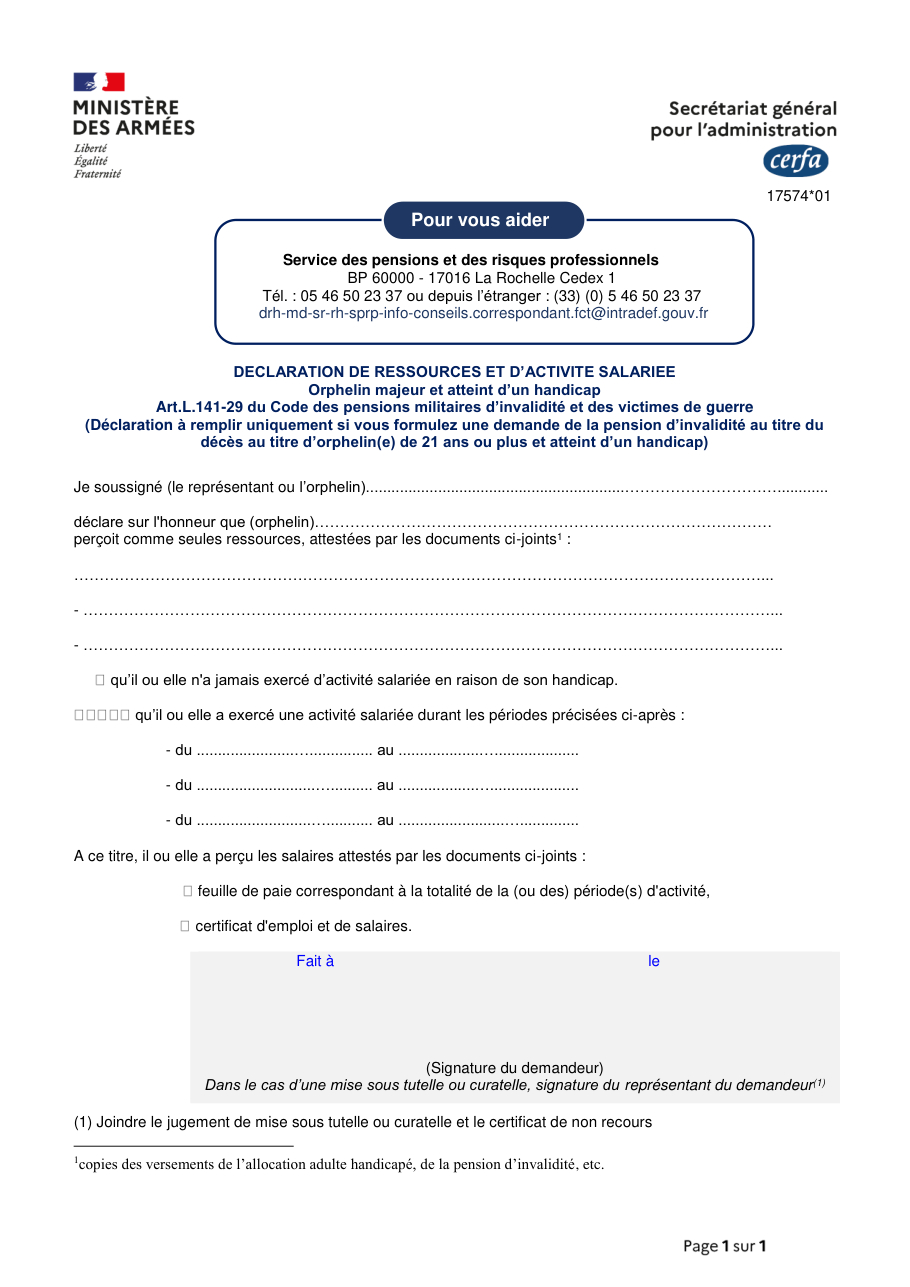 Page 1 du formulaire cerfa 17574 — Déclaration de ressources et d'activité salariée — orphelin majeur atteint d'un handicap