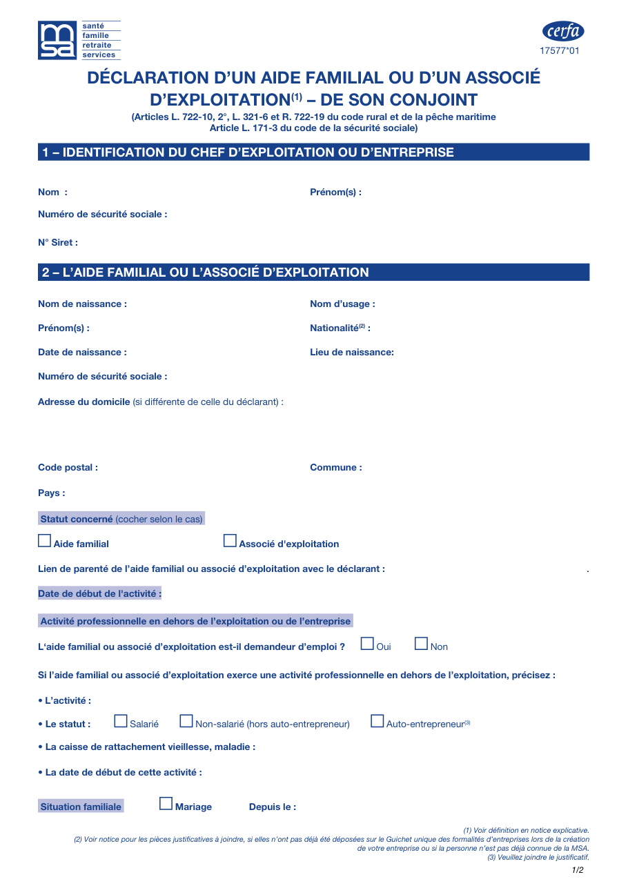 Page 1 du formulaire cerfa 17577 — Déclaration d’un aide familial ou d’un associé d’exploitation – de son conjoint