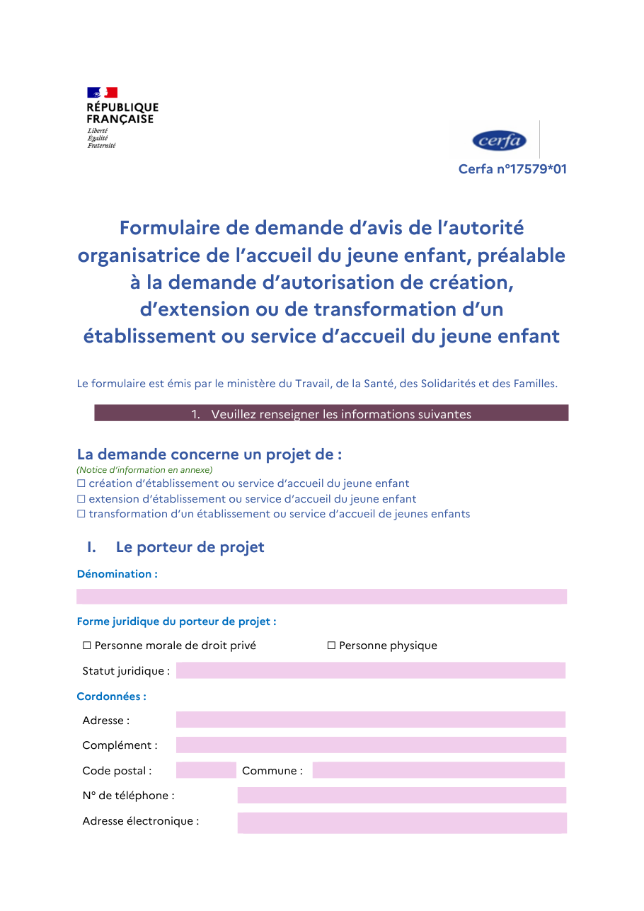 Page 1 du formulaire cerfa 17579 — Demande d'avis préalable de l'autorité organisatrice de l'accueil du jeune enfant