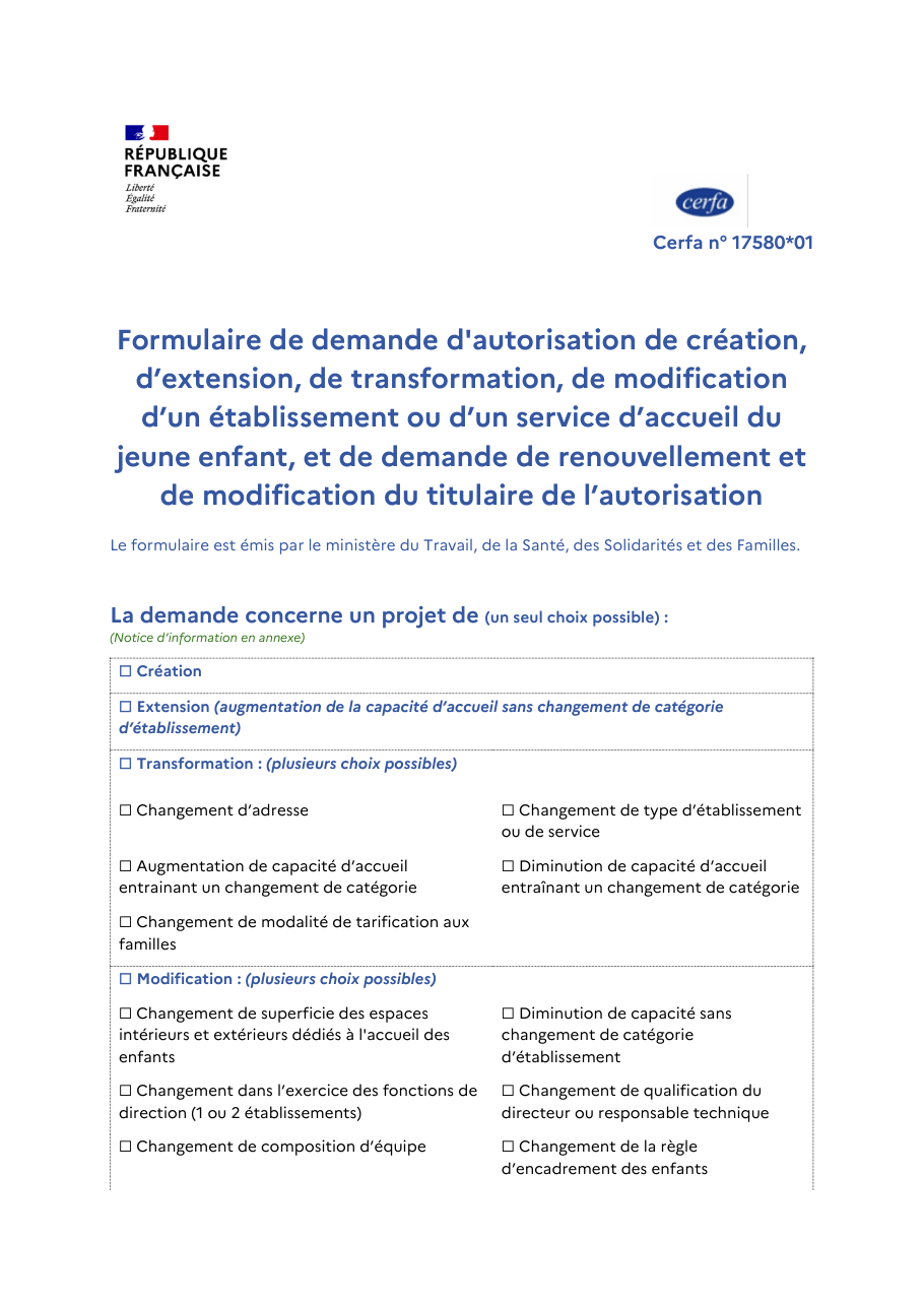 Page 1 du formulaire cerfa 17580 — Demande d'autorisation de création, d'extension, de transformation ou de modification