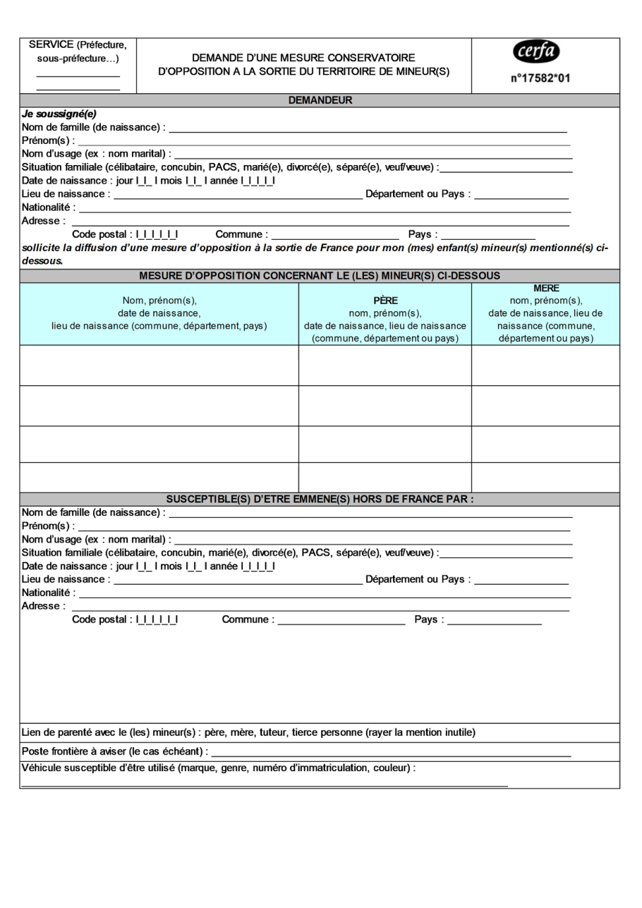 Page 1 du formulaire cerfa 17582 — Demander une opposition à la sortie du territoire de son enfant mineur en cas de conflit parental
