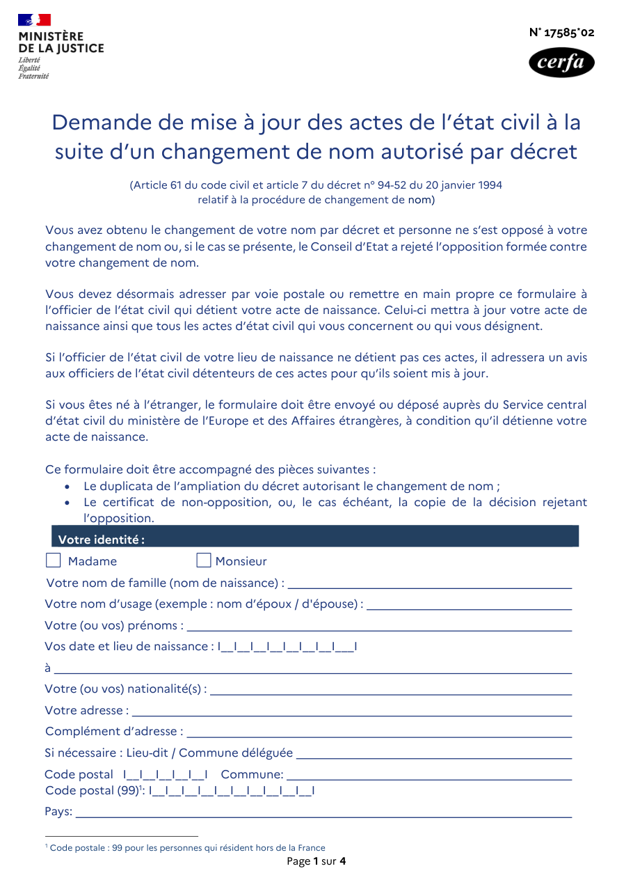 Page 1 du formulaire cerfa 17585 — Demande de mise à jour des actes de l'état civil à la suite d'un changement de nom autorisé par décret