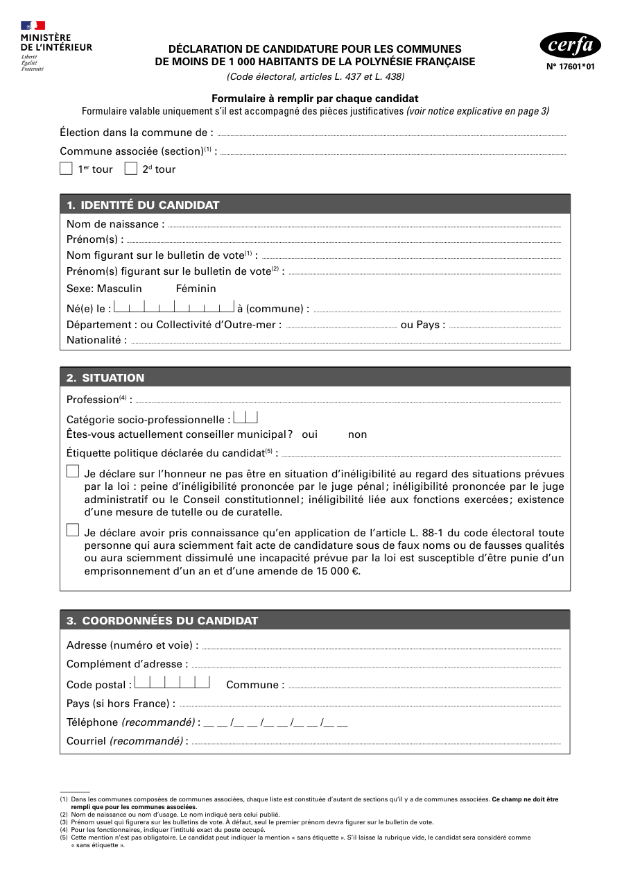 Page 1 du formulaire cerfa 17601 — Déclaration de candidature pour les communes de moins de 1000 habitants de la Polynésie