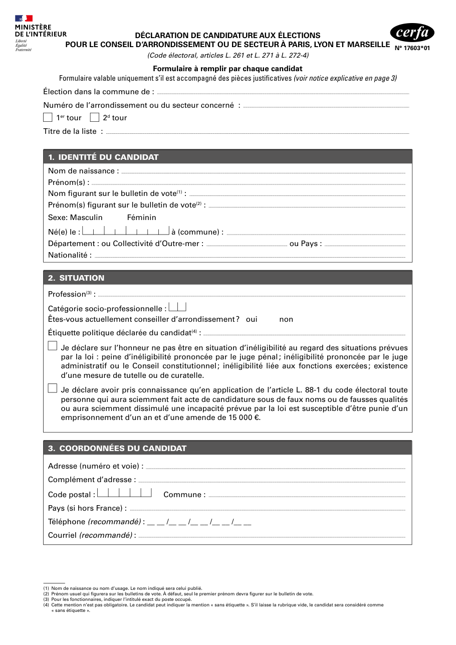 Page 1 du formulaire cerfa 17603 — Déclaration de candidature aux élections pour le conseil d'arrondissement ou de secteur