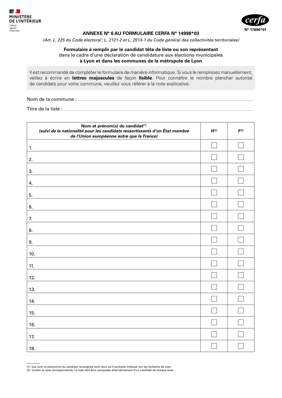 Page 1 du formulaire cerfa 17606 — Annexe n° 6 au formulaire Cerfa n° 14998*03