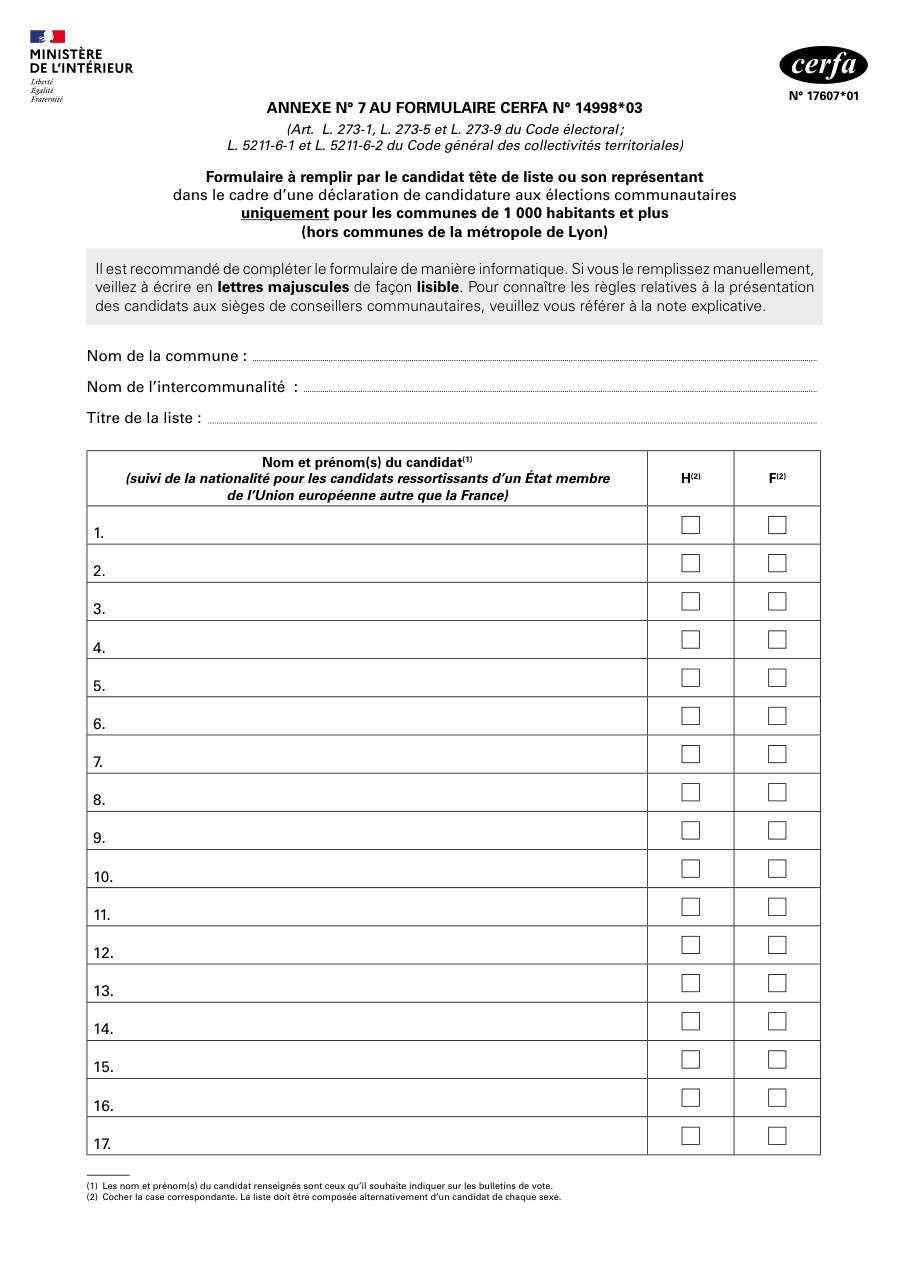 Page 1 du formulaire cerfa 17607 — Déclaration de candidature aux élections communautaires — annexe n° 7