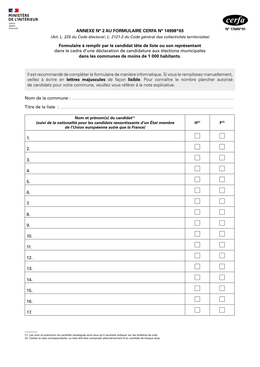 Page 1 du formulaire cerfa 17609 — Déclaration de candidature aux élections municipales dans les communes de moins de 1 000 habitants