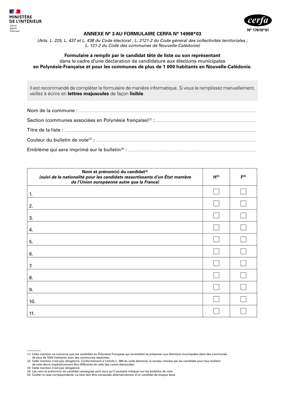 Page 1 du formulaire cerfa 17610 — Annexe n° 3 au formulaire Cerfa n° 14998*03