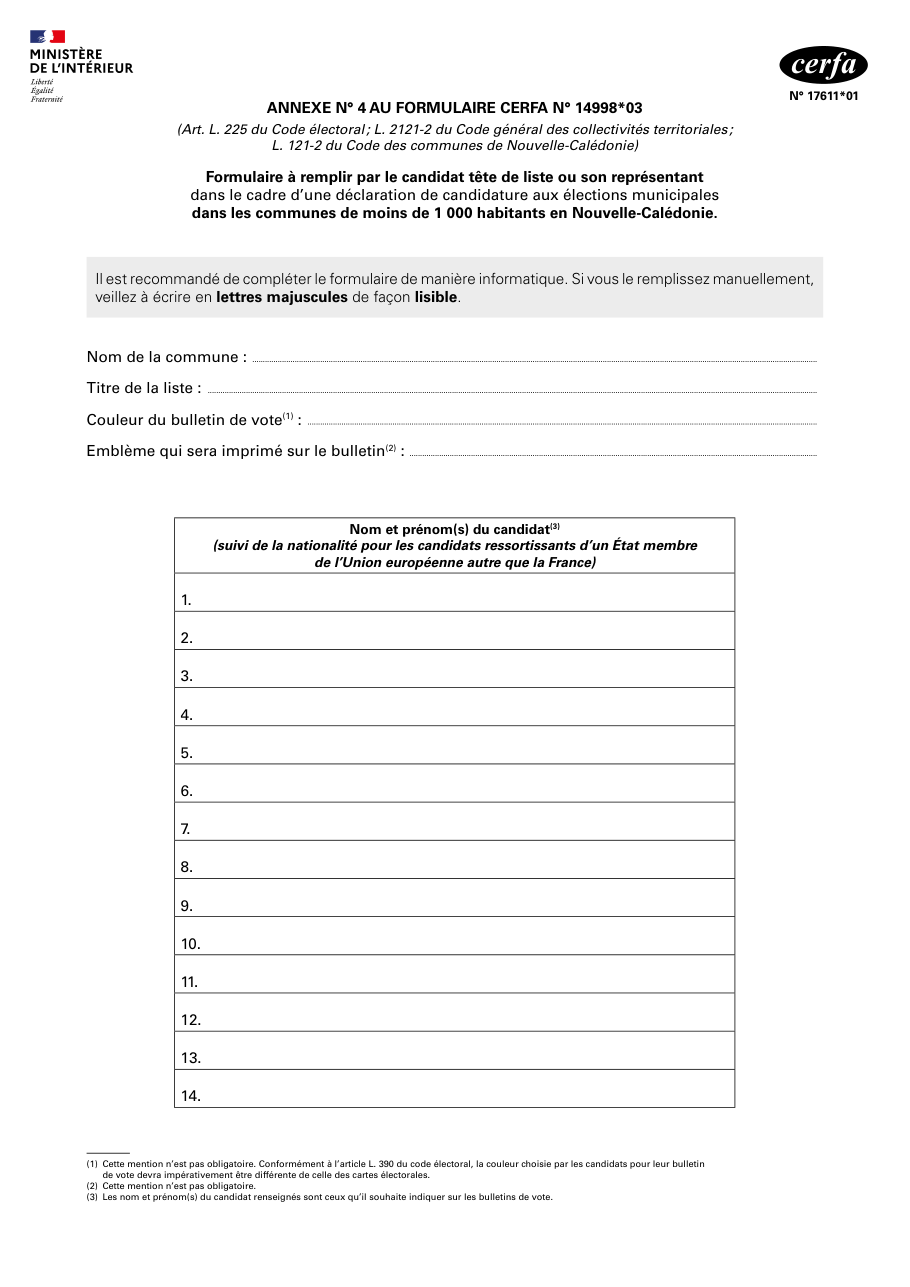 Page 1 du formulaire cerfa 17611 — Annexe n° 4 au formulaire CERFA n° 14998*03 — déclaration de candidature aux élections