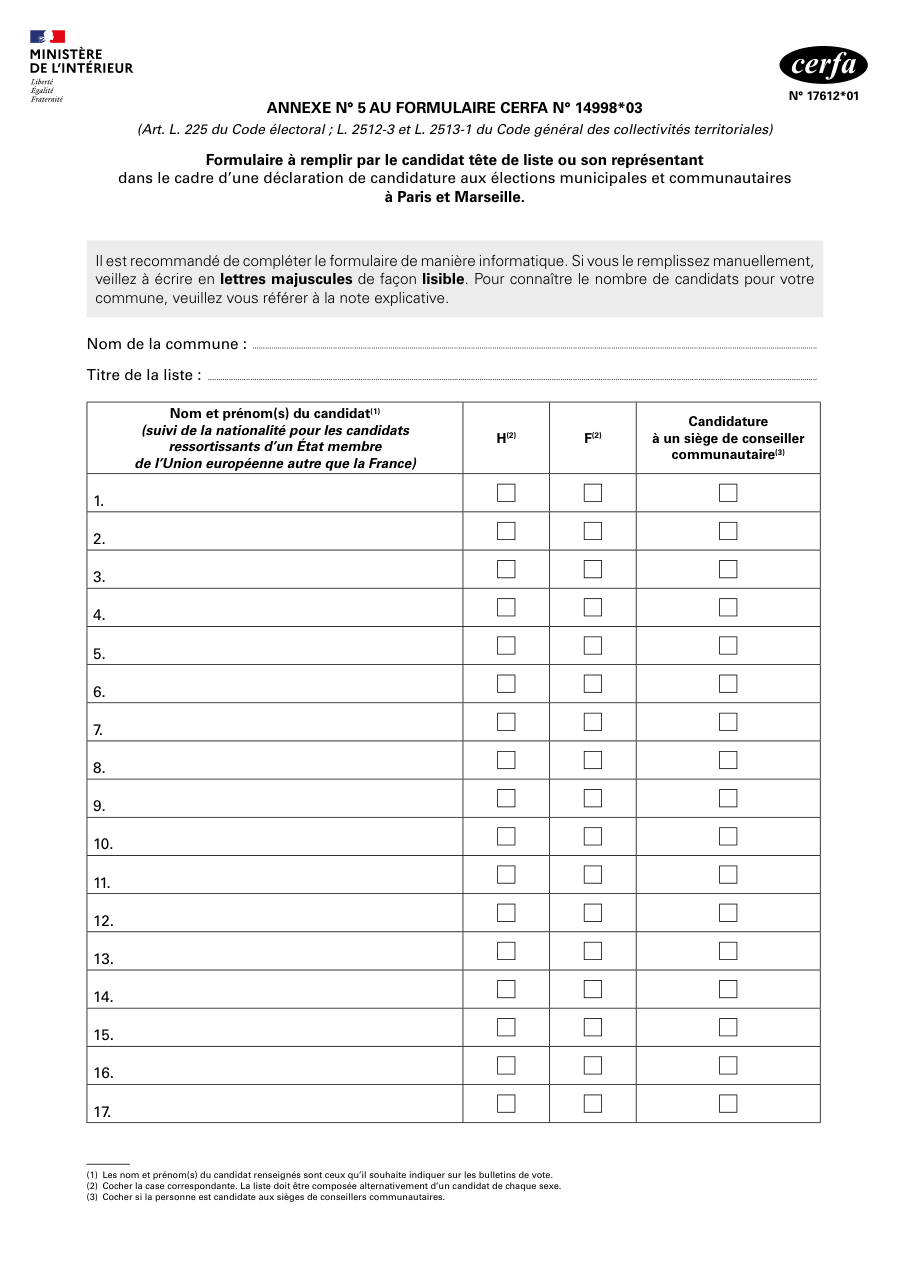 Page 1 du formulaire cerfa 17612 — Liste des candidats aux municipales à Paris et Marseille (annexe n° 5)