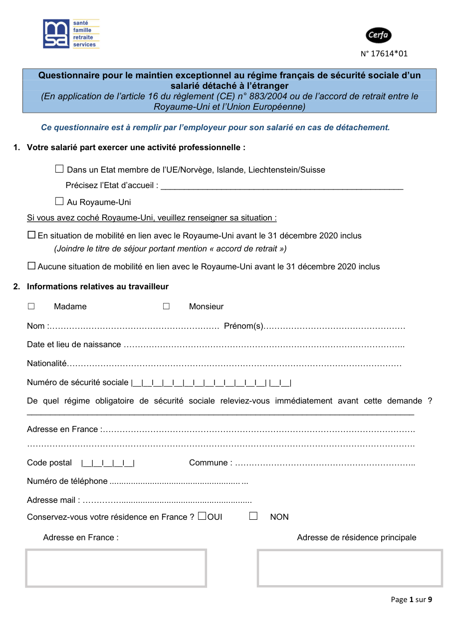 Page 1 du formulaire cerfa 17614 — Questionnaire pour le maintien exceptionnel au régime français de sécurité sociale d'un salarié détaché à l'étranger