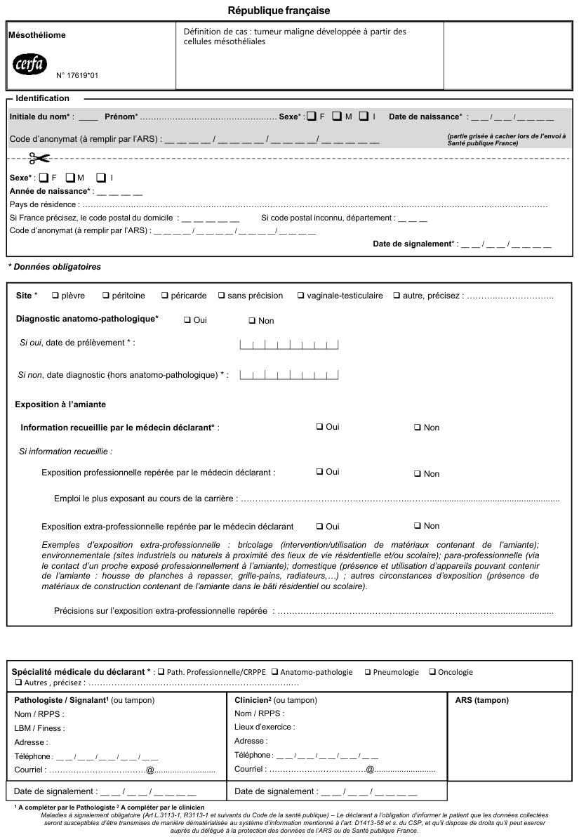 Page 1 du formulaire cerfa 17619 — Signaler un cas de mésothéliome, maladie à signalement obligatoire : formulaire du clinicien et du pathologiste