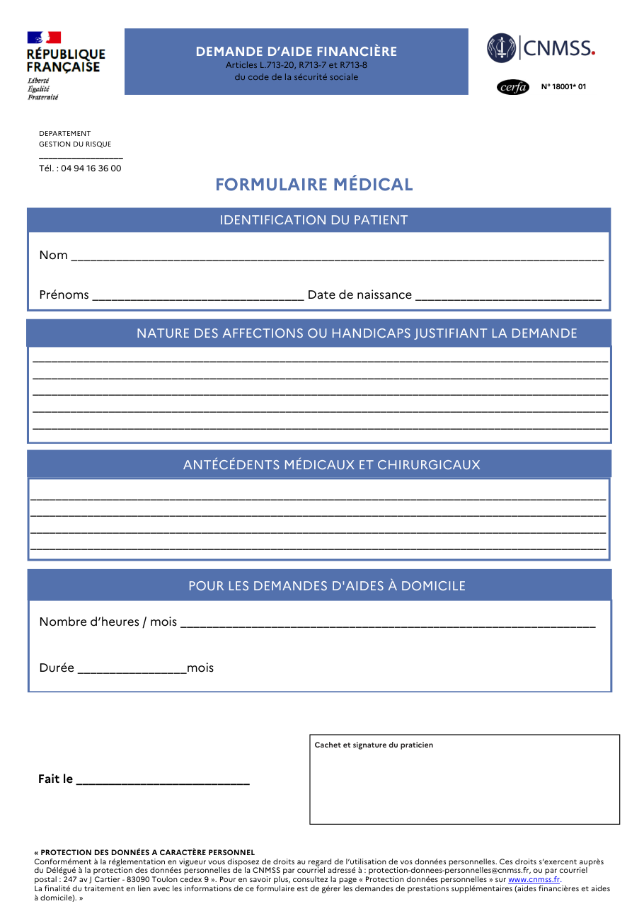 Page 1 du formulaire cerfa 18001 — Formulaire médical — demande d'aide financière (aide à domicile, CNMSS)