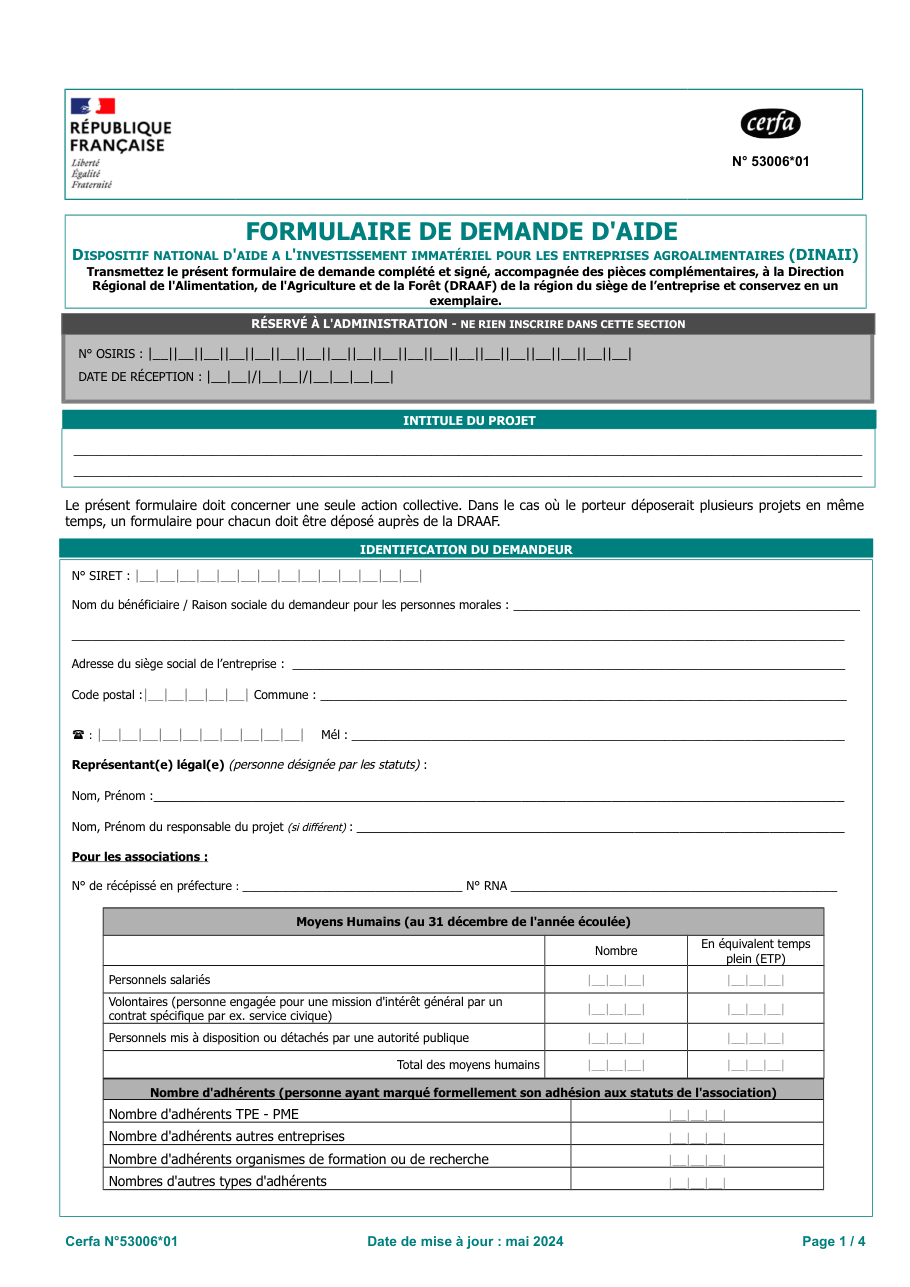 Page 1 du formulaire cerfa 53006 — Demander une aide pour une action collective immatérielle au profit des PME agroalimentaires (DINAII)