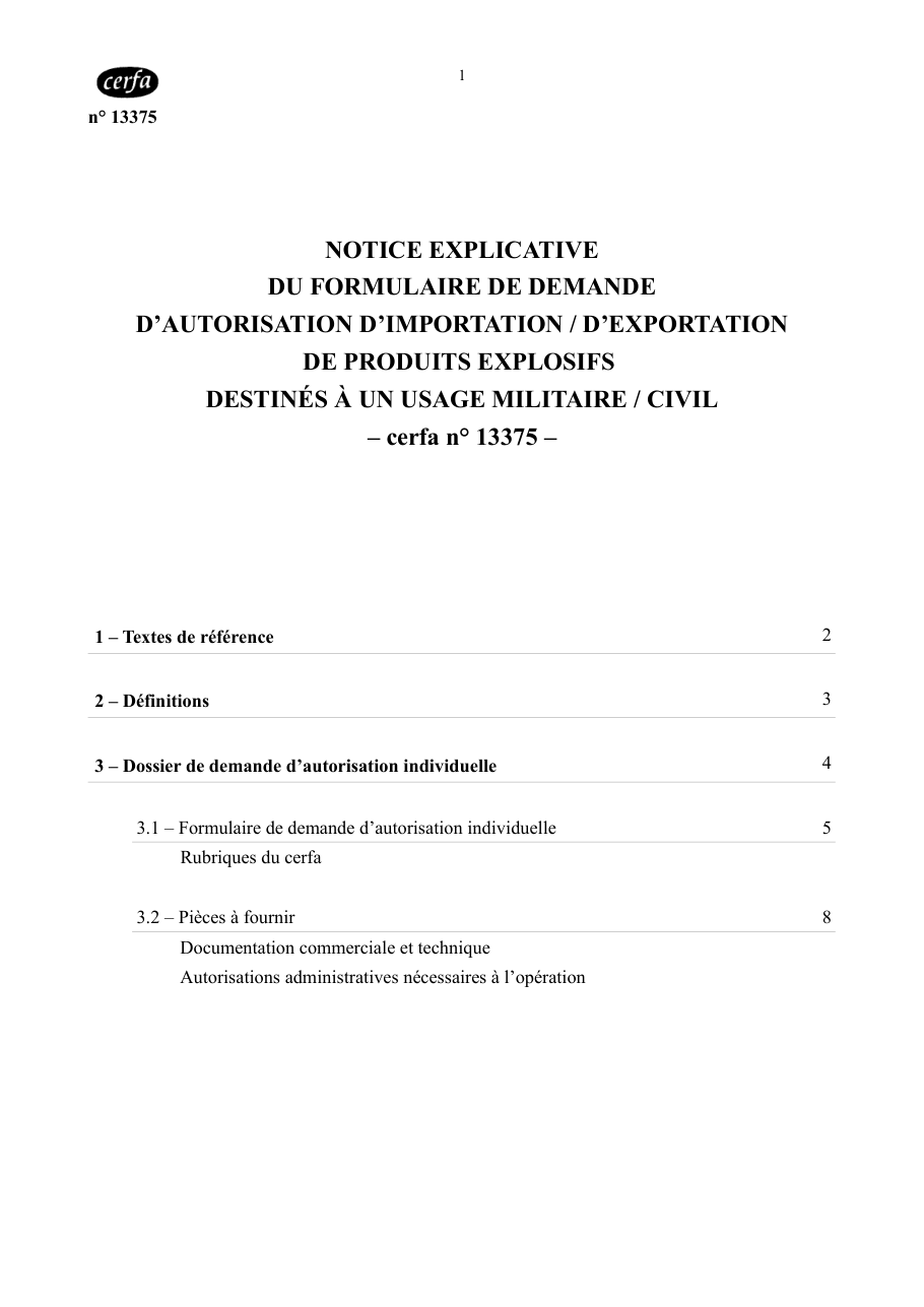 Page 1 du formulaire douane.gouv.fr n° 13375 — La notice de la demande d'autorisation d'importer ou d'exporter des produits explosifs