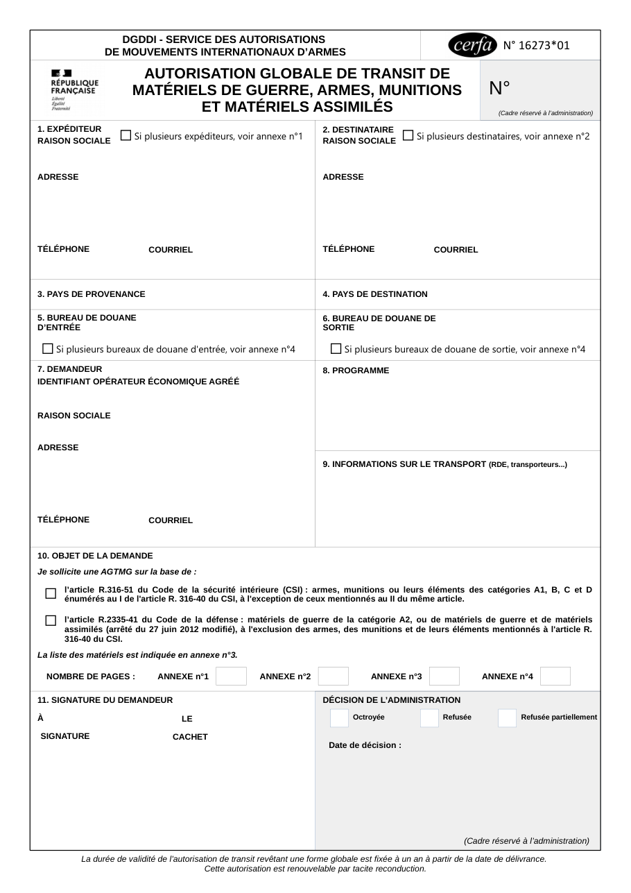 Page 1 du formulaire douane.gouv.fr n° 16273 — Demander une autorisation globale de transit de matériels de guerre et d'armes