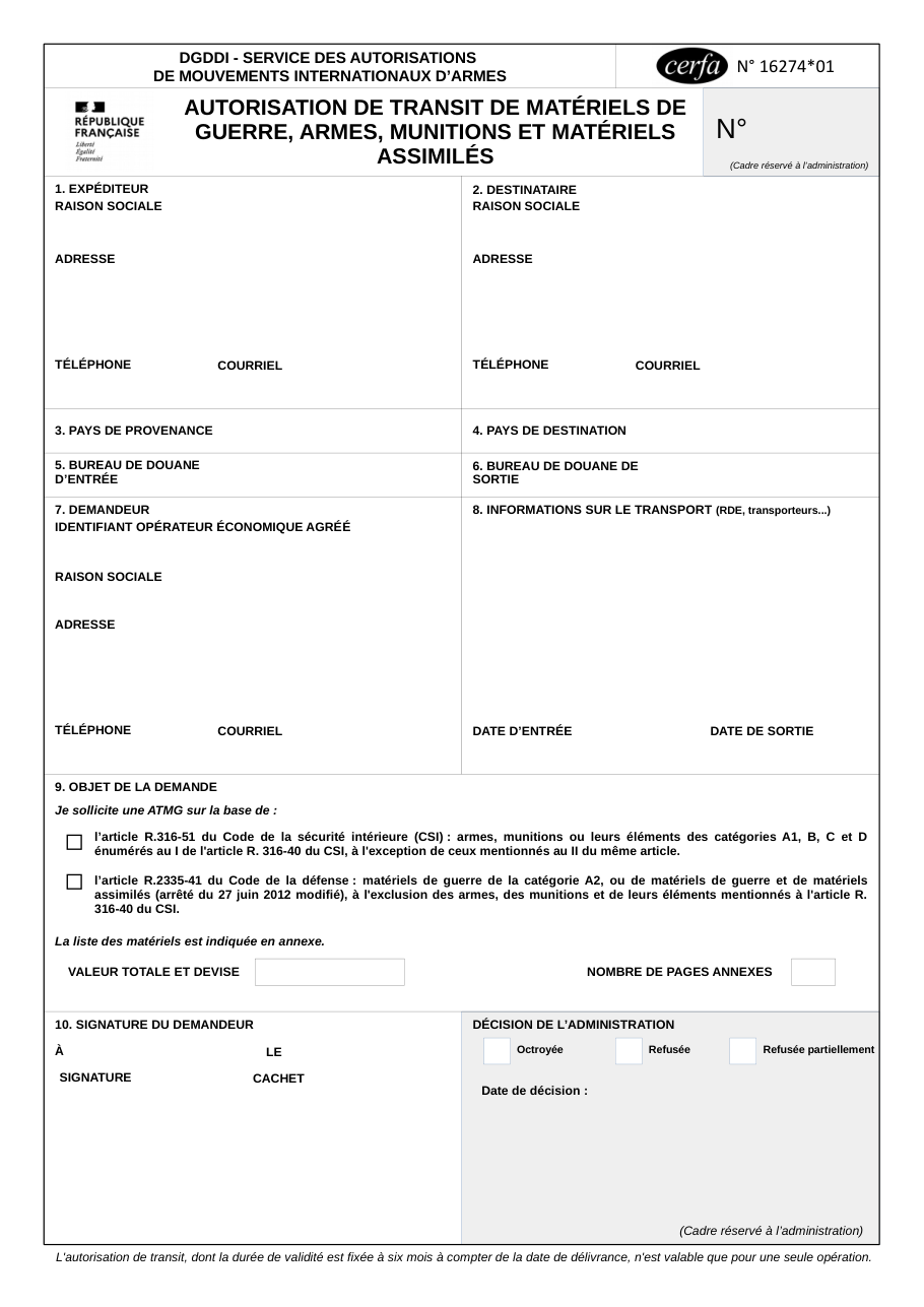 Page 1 du formulaire douane.gouv.fr n° 16274 — Demander une autorisation de transit de matériels de guerre et d'armes